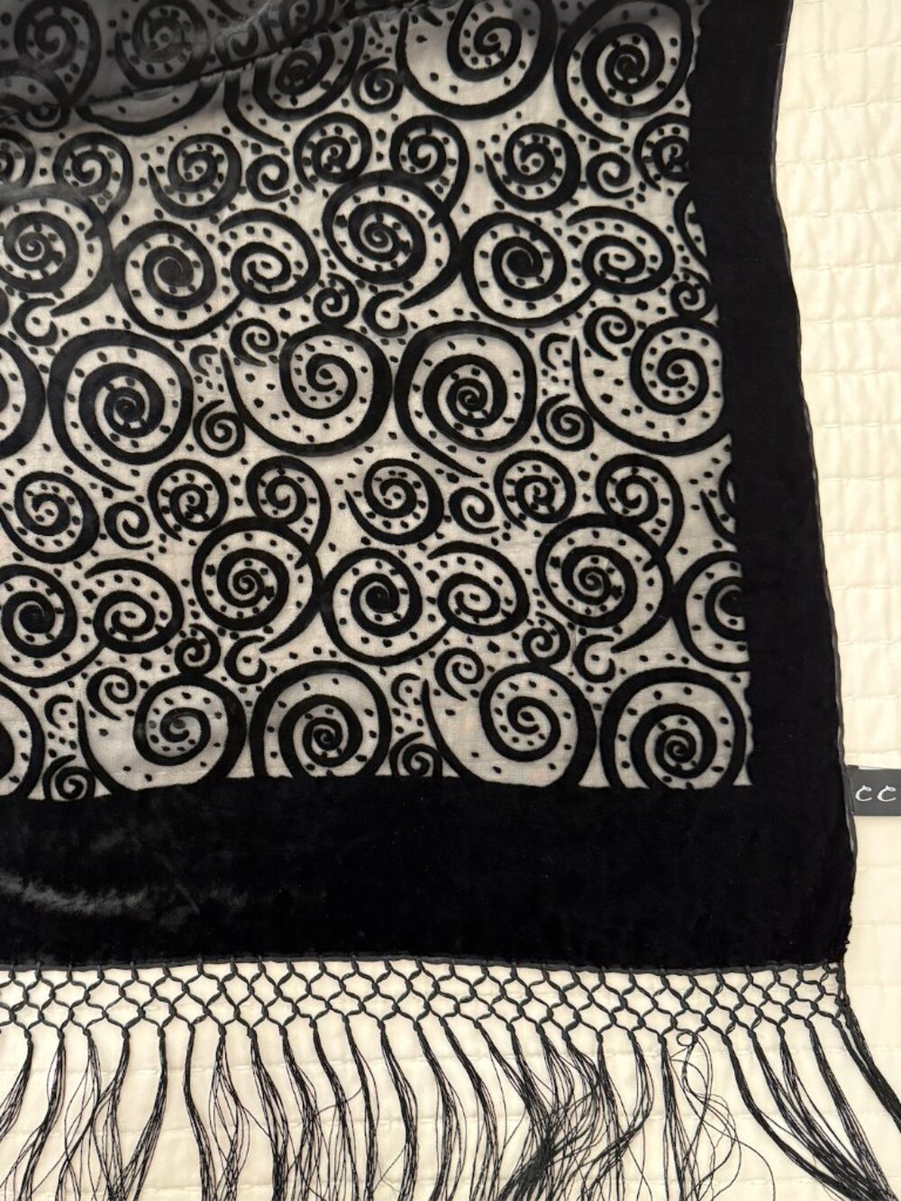 Vintage Silk black sheer & velvet trim with fringe wrap shawl scarf